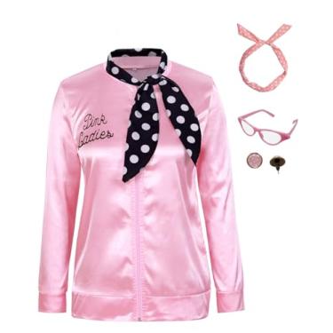 Imagem de KASOYA Jaqueta feminina de cetim rosa anos 1950 para cosplay de Halloween com cachecol no pescoço, rosa, 3G