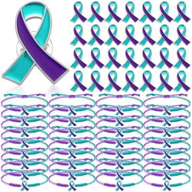 Imagem de Ecation Acessório de conscientização para o Dia Mundial de Prevenção do Suicídio, roxo, azul, verde, 60 peças, inclui duas cores, 30 pulseiras e alfinetes de fita para pacientes com depressão