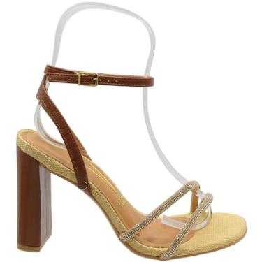 Imagem de Sandália Salto Alto Vizzano Tramada Tiras Strass Feminina, Bege, 37