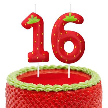 Imagem de Velas de aniversário de morango, decoração de topo de bolo de 6 cm, número 16 velas, decorações de aniversário, decorações de bolo de festa de aniversário, suprimentos de festa