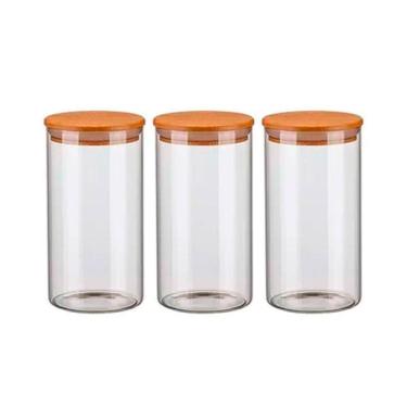 Imagem de Kit 3 Potes Vidro Hermético 1300Ml Tampa Madeira Bambu Porta