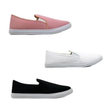 Imagem de Kit 3 Tênis Feminino Calcer Facil Slip On Confortavel Casual Branco Preto Rosa (Cor: Preto + Branco + Rosa, BR, Adulto, Numérico, 37)