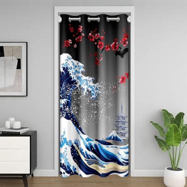 Imagem de Castle Fairy Ukiyoe Cortina de porta ondulada do oceano para portas privacidade estilo japonês cortina blackout edifício histórico barco cortina de porta para crianças ameixa vermelha flor flor
