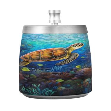 Imagem de ALAZA Cinzeiro de peixe de tartaruga marinha subaquática com tampa bandeja de aço inoxidável para casa, escritório, mesa, pátio, varanda ao ar livre