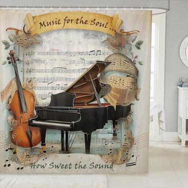 Imagem de Cortina de chuveiro de violoncelo de piano, cortina de banheiro com tema musical para decoração de quarto de crianças, meninas, meninos, adultos, estilo retrô, notas musicais, à prova d'água, bege