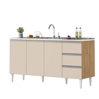 Imagem de Balcão Salvador 1,60 Mt 3 Gavetas 3 Portas 100% Mdf Amêndoa Off - MILA
