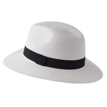 Imagem de Chapéu de palha Panamá de verão masculino e feminino, aba larga, proteção UV, chapéu de sol Fedora branco e preto L59-60 cm