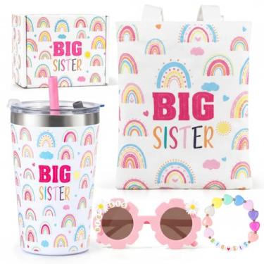 Imagem de iAOVUEBY Presentes de irmã mais velha para meninas, 5 peças, presente de irmã mais velha, inclui copo rosa de 340 g, óculos de sol, pulseira de lona, sacola de lona, presente de irmão de bebê novo