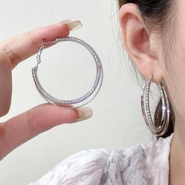 Imagem de Brincos de argola de ouro para mulheres, moderno, strass, duas camadas, redondo, pendurado, acessórios modernos, joias, presentes, Medium, Metal, Sem pedra preciosa