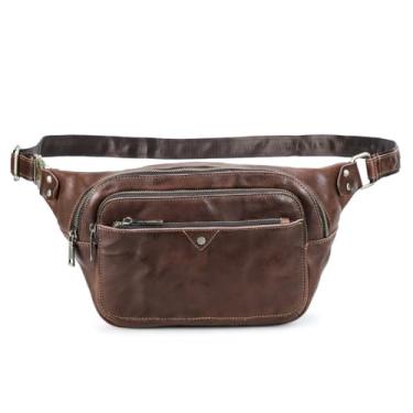 Imagem de Pochete de Couro Legítimo Masculina Retro CONTACTS, Bolsa de Cintura Transversal com Alça Ajustável (52-89cm) e Fecho de Metal Mortise, 4 Bolsos com Zíper – Deleira para Viagem Antifurto Luxo(Marrom)