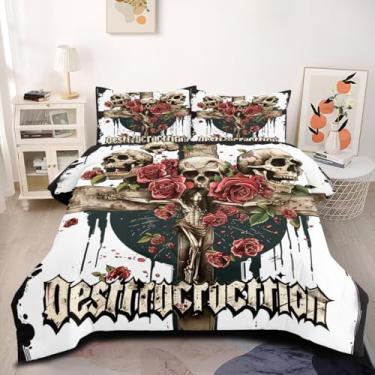 Imagem de Conjunto de edredom gótico, Queen, com caveira rosa vermelha, flor de esqueleto, macio, leve, 3 peças para todas as estações (1 edredom, 2 fronhas)