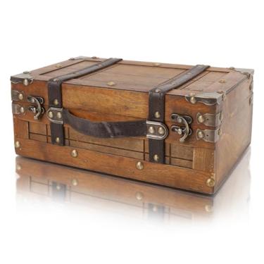 Imagem de Gugxiom Baú de tesouro de madeira, caixa de tesouro de madeira com tampa articulada, caixas de armazenamento decorativas vintage, baú pirata vintage para sala de aula (34,3 x 24,4 x 15,2 cm)