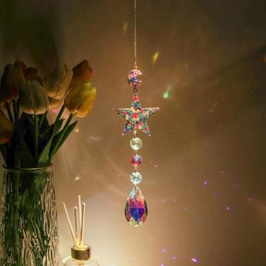 Imagem de Requintado apanhador de sol pentagrama com gota de cristal e lua colorida, elegante, boêmio, arco-íris, enfeite para pendurar na janela, para decoração de jardim e casa