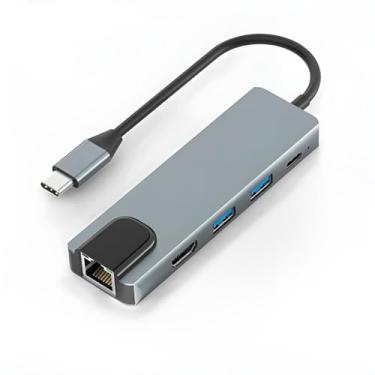 Imagem de Hub USB-C 5 em 1, Adaptador Multifuncional RJ45, HDMI, 2x USB, USB-C, 10,2 x 3,2 x 1,5cm, Taxa de Transferência 125 MB/s