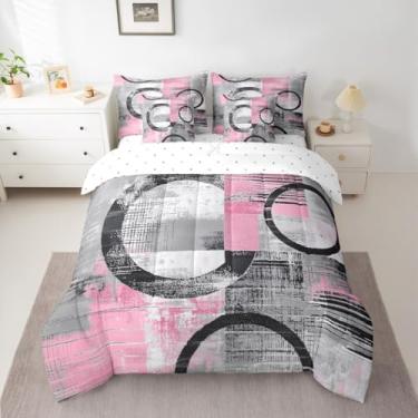 Imagem de Feelyou Conjunto de edredom abstrato, tamanho casal, 7 peças, arte abstrata, moderna, geométrico, em uma bolsa com edredom, lençóis, fronhas, capas de almofada, decoração de quarto de luxo, rosa