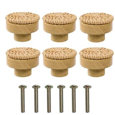 Imagem de ZZHXSM Puxadores de armário de cozinha de vime trançados puxadores redondos de madeira puxadores decorativos de tecelagem de vime feitos à mão 4 x 4 cm para móveis puxadores de penteadeira cor natural