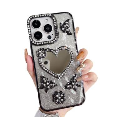 Imagem de UMICASE Capa para iPhone, Luxuosa Borboleta Glitter Diamante 3D Formato de Coração Espelho Maquiagem Espelho Bonito Batom Espelho Macio Silicone À Prova de Choque (iPhone 17 Pro, Preto)