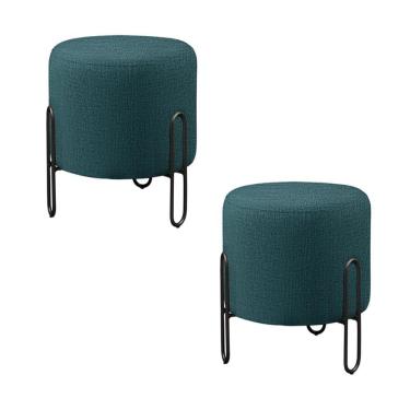 Imagem de Conjunto - 2 Puffs Banqueta Mali Luxo Base Metálica Preta Linho Azul