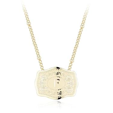 Imagem de Colar com pingente de letra inicial banhado a ouro 14K com fivela de cinto em relevo, compre 1 e ganhe 2 correntes, colar personalizado para homens e mulheres, 18 inches +2 inches extender, Liga de