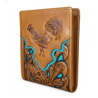 Imagem de Carteira masculina de couro ocidental – design de galo em relevo com padrão floral cortado a laser – estilo caubói dobrável, Marrom azul-petróleo, Carteira Western