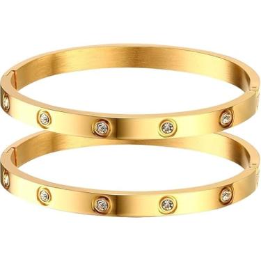 Imagem de Pulseiras femininas de ouro 18 quilates, 2 peças, pulseira de zircônia cúbica banhada a ouro, joias de cristal da amizade, festa de casamento, presentes de aniversário de Natal