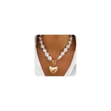 Imagem de Colar feminino com pingente de coração de pérola grossa de ouro e pérolas barrocas, em forma de amor, moderno, prata, fivela grande, joias presentes, Large, Zinco, Sem Pedra Preciosa