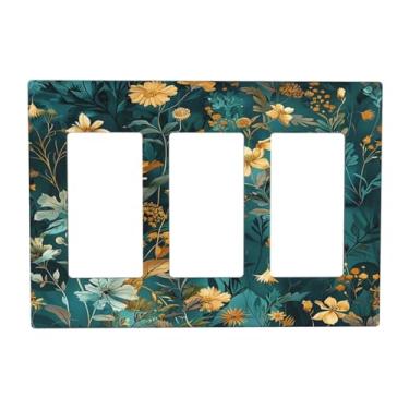 Imagem de BHGAHD Capas de tomada decorativas com conjunto floral com folhas douradas em fundo turquesa, placa de parede de 3 gangs, capa de interruptor de luz tripla para decoração de casa de fazenda