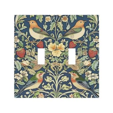 Imagem de JDAKHD Placa de proteção para interruptor de luz vintage flor pássaros verde planta William Morris ladrão de morango azul duplo alternância placa decorativa de parede 2 gangues placa de interruptor