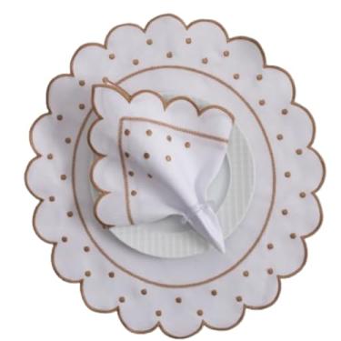 Imagem de Kit Mesa Posta Jogo Americano Bordado com Guardanapo, 12 Peças 6 Lugares, Poá em Oxford Engomado, Sousplat, 50x35cm (Marfim)