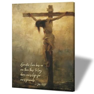 Imagem de AUFDASORT Arte de parede em tela de crucificação, versículo bíblico cristão religioso, impressão de galeria pôster de arte inspiradora para sala de estar, quarto, igreja, sala de oração, decoração de