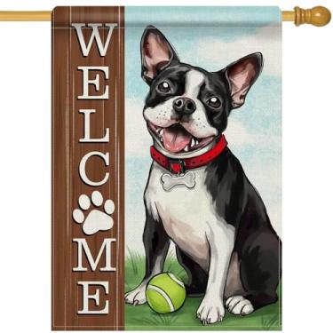 Imagem de Dyrenson Welcome Boston Terrier Dog 28 x 40 bandeira de casa dupla face, primavera verão impressão de pata tênis jardim decoração quintal dono de animal de estimação presente amante presente