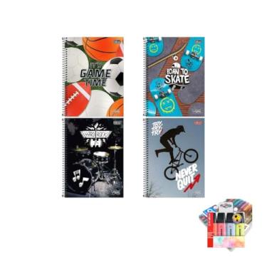 Imagem de Kit Caderno Universitário Vibe Masc 80F Tilibra Caneta Trigel Metálica Estojo 10 Cores Marca Texto Boss 4 Cores Pastel