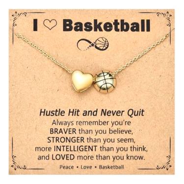 Imagem de PODLEV Presentes de basquete para mulheres, meninas, colar com pingente de coração banhado a ouro ajustável, 40,6 cm + 5 cm, acessórios esportivos, joias, Natal, aniversário, dias de jogos, presentes