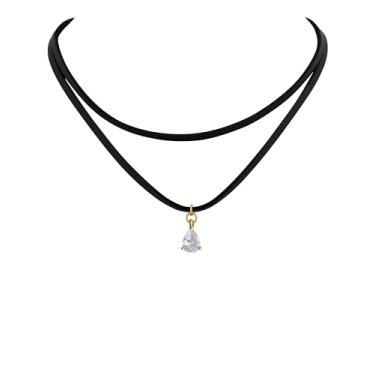 Imagem de Sacina Colar gargantilha preta em camadas, gargantilha de gota de vidro, colar preto, gargantilha gótica boho, joia de Natal para mulheres, Aço inoxidável, vidro, cordão de couro sintético preto, Sem