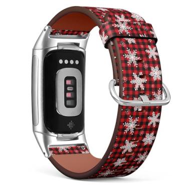 Imagem de Pulseira de relógio de couro de substituição para Fitbit Charge 5 / Fitbit Charge 6 (flocos de neve em xadrez búfalo) pulseira para smartwatch para mulheres e homens