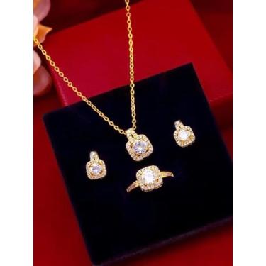 Imagem de Elegante conjunto de joias quadradas banhadas a ouro para mulheres com pingente deslumbrante, brincos e anel, conjunto de 3 peças, presente de casamento e noiva