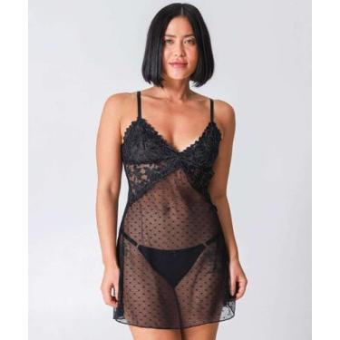 Imagem de Camisola Sensual Tule Brilho Lurex Renda Marisa Preto-51033, 46, Preto