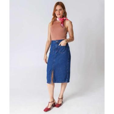 Imagem de Saia Midi Jeans Feminina Fenda Marisa Azul-96014, 38, Jeans azul