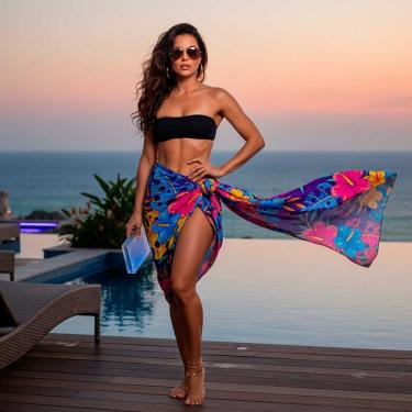 Imagem de Canga/Pareô Praia e Piscina Floral Azul/Rosa/Amarelo 1,00x1,50m - Fera Print