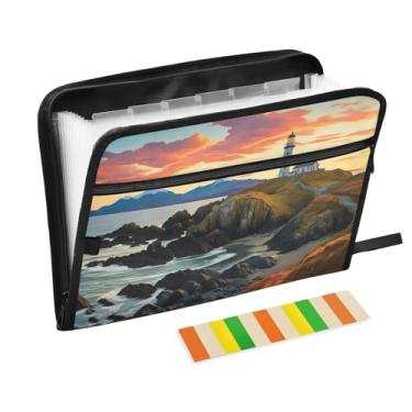 Imagem de Wassud Acordeão de Farol e Montanha Arquivo Organizador de Arquivos Letra A4 Pasta de Arquivo de Papel Organizador de Documentos com Etiquetas Pasta de Arquivo Expansível 13 Bolsos