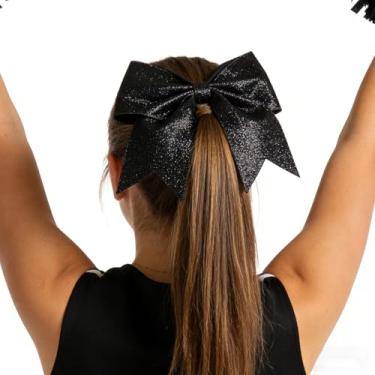 Imagem de 2 peças de 17,78 cm com glíter, preto, laços de cabelo para rabo-de-cavalo, faixa elástica feita à mão para meninas adolescentes de torcida esportes universitários
