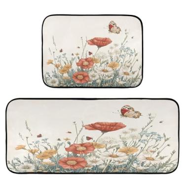 Imagem de Qilmy Tapetes de cozinha de flores silvestres e borboletas, 2 peças, tapete de entrada frontal, antiderrapante, alivia a fadiga, lavável, tapete para cozinha, quarto, varanda644