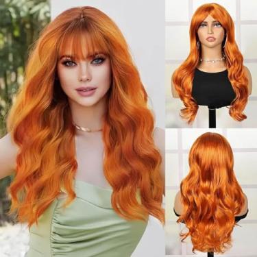 Imagem de Perucas Longas Onduladas Laranja com Franja para Mulheres Cabelo Sintético Natural Curly Ondulado Perucas com Touca de Peruca Festa Cosplay Uso Diário 61 cm