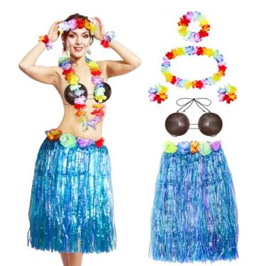 Imagem de Sfcddtlg Conjunto de 6 peças de sutiã de coco havaiano e saia de grama para mulheres, roupas de festa luau de verão, saia de hula, top de biquíni, fantasia de coco com guirlanda, colares de faixa de