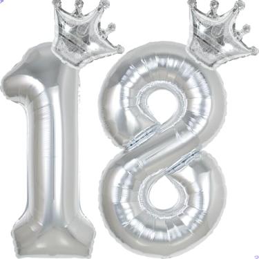 Imagem de 18 balões números de 101 cm prata número balão para decorações de aniversário de 18 anos para homens e mulheres, decoração de aniversário de 18 anos de Mylar gigante para ele e ela
