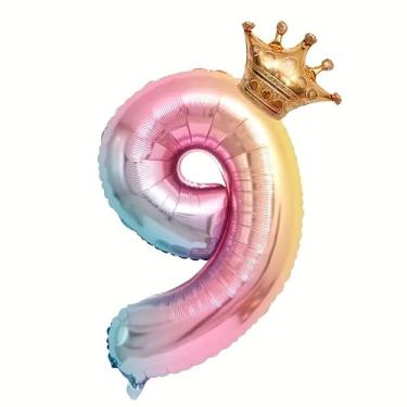 Imagem de 1 conjunto de balões com números de folha arco-íris de 81 cm com coroa em ouro rosa, decoração de festa de 2 peças para aniversário de casamento de ano novo, 9