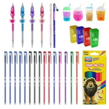 Imagem de Kit Escolar com 21 Itens Canetas Lápis Cores Conjunto Aula Apontador Borracha Colorido Aluno Fofo