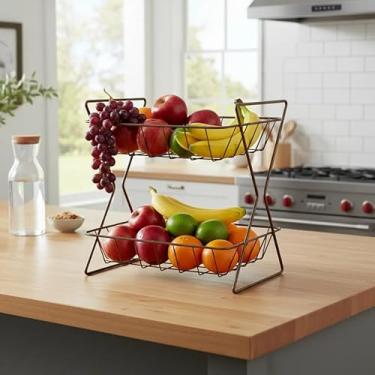 Imagem de Fruteira Dupla Aramada de Mesa em Aço para Cozinha Organização e Decoração(MARROM)