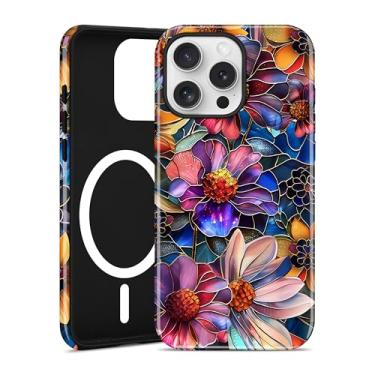 Imagem de Aitipy Capa de telefone magnética para iPhone 16 Pro Max, compatível com MagSafe, lindo vitral de flores coloridas vividamente estéticas, TPU macio e policarbonato rígido, capa protetora à prova de