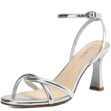 Imagem de SLXCHBSL Sandália feminina de bico redondo com tiras com salto alto grosso de 7,6 cm com tira ajustável no tornozelo, confortável, bico aberto, sapato social para festa de casamento ou formatura